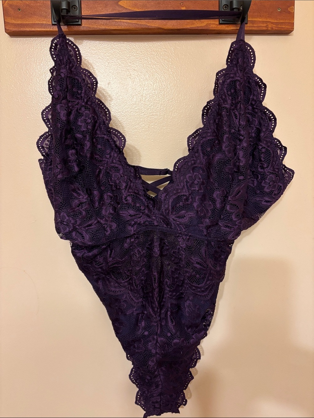 SHEIN Plum Lace Plunge Teddy Bodysuit